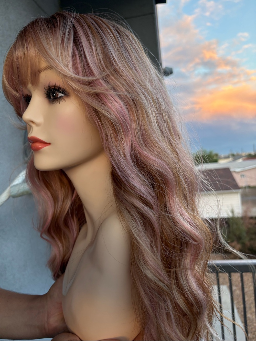 Othr Long Wavy Blonde with Pink Highlights Wig with Bangs